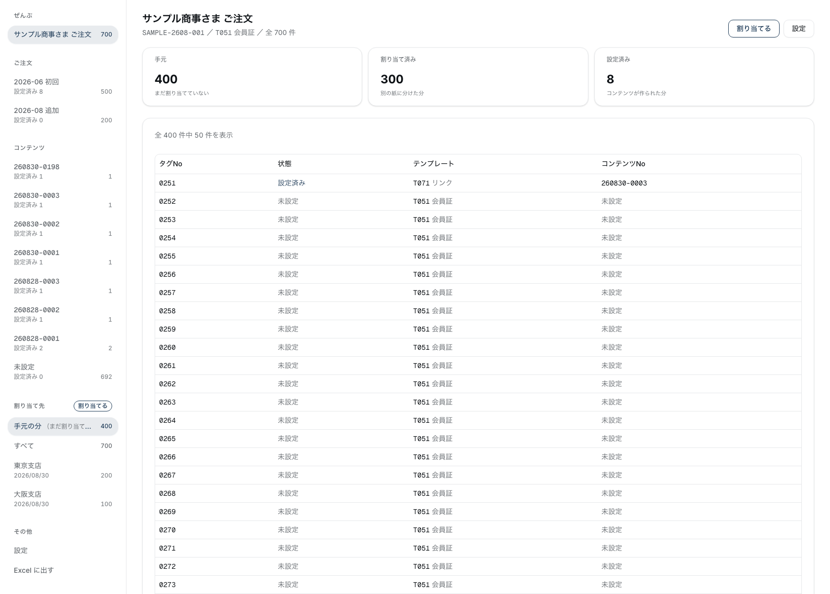管理画面の一覧。左に「ぜんぶ／ご注文／コンテンツ／割り当て先」の絞り込み、右上に手元・割り当て済み・設定済みの3つの数字、下にタグNo・状態・テンプレート・コンテンツNoの表が並ぶ